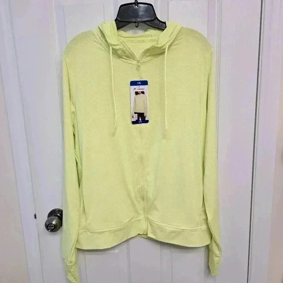 ❤️ Head Hoodie Cool Down Lightweight Large Bright Yellow Stretch Zip Active Top - Picture 11 of 15